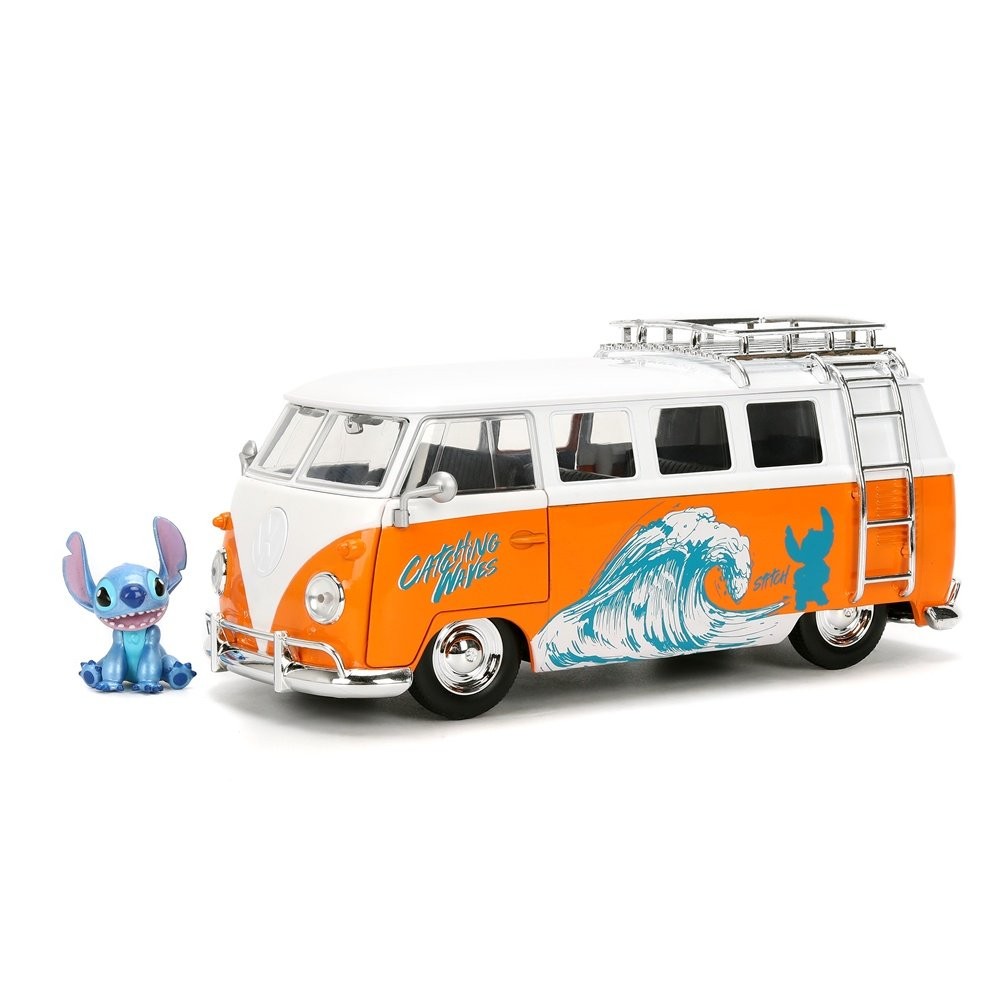 Miniatura Carro Volkswagen Bus Kombi Surf (1961) c/ Figura Stitch - Disney - Die-Cast - 1:24 - Jada Toys