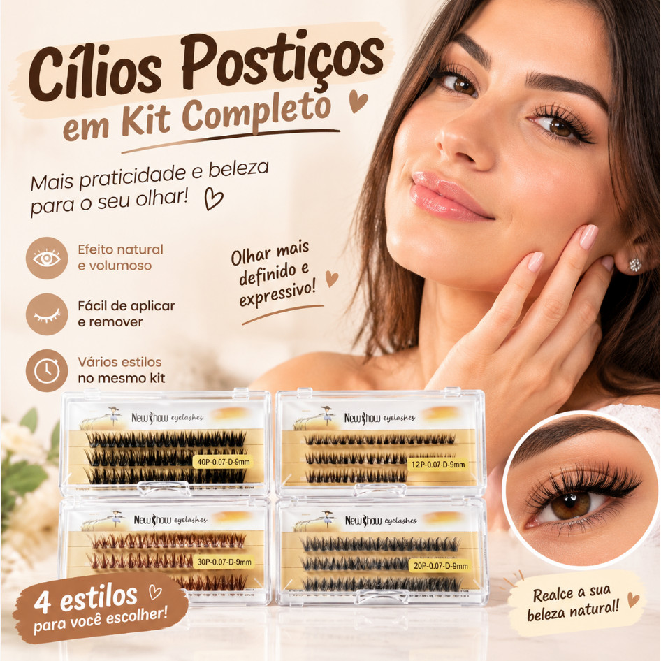 Kit 4 Caixas de Cílios Postiços, Naturais, Leves para Maquiagem e Uso Diário