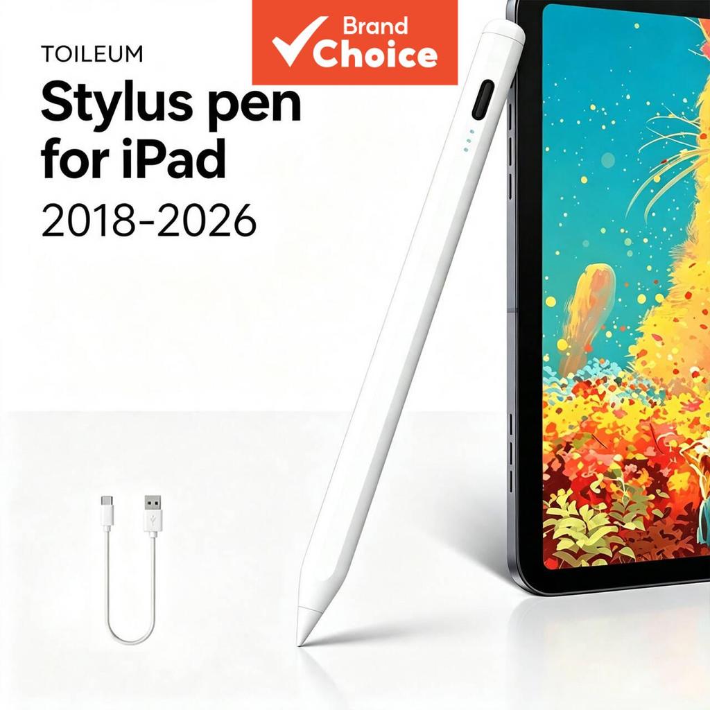 TOILEUM Caneta Touchscreen Capacitiva Branca com Palm Rejection para iPad (2018-2026)