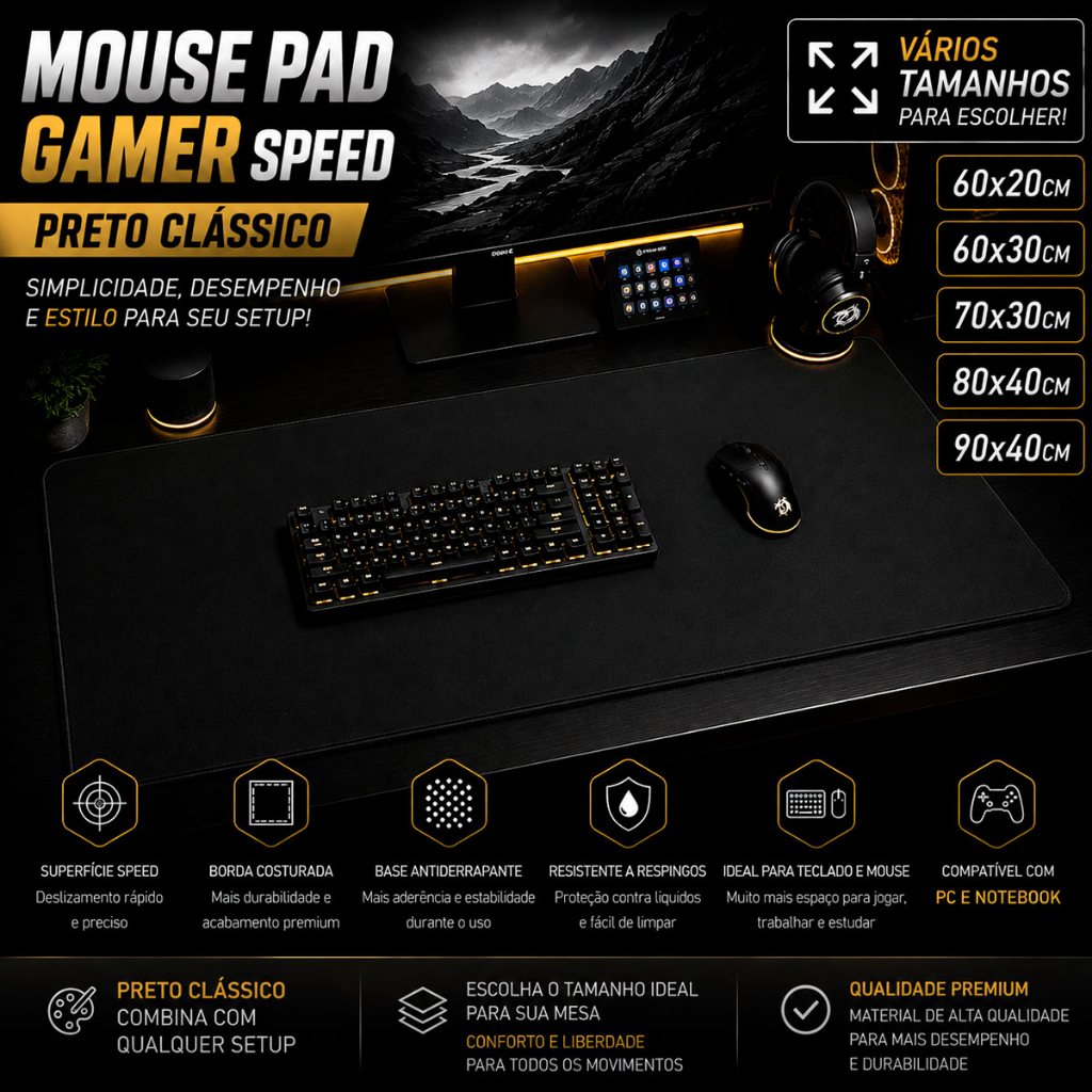 Mouse Pad Gamer Speed Extra Grande Preto Profissional Clássico Borda Costurada Antiderrapante Vários Tamanhos