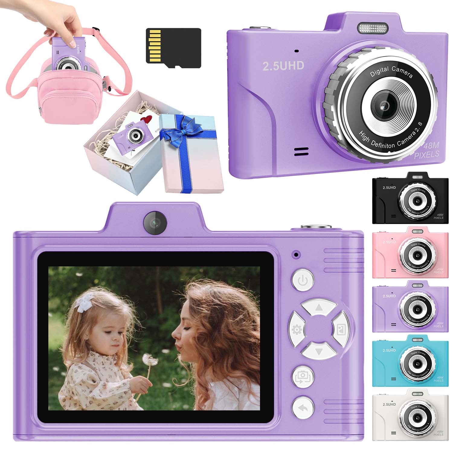 Câmera Digital Infantil para Crianças, 48MP para Fotos, Vídeo HD 2.5K, Zoom 8X, Dupla Configuração, Estabilização
