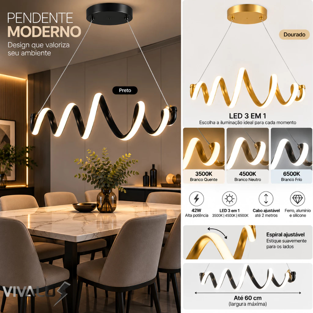 Pendente Lustre Espiral Onda Elastica Led 3 Em 1 Dourado Preto Minimalista Para Sala De Jantar Mesa