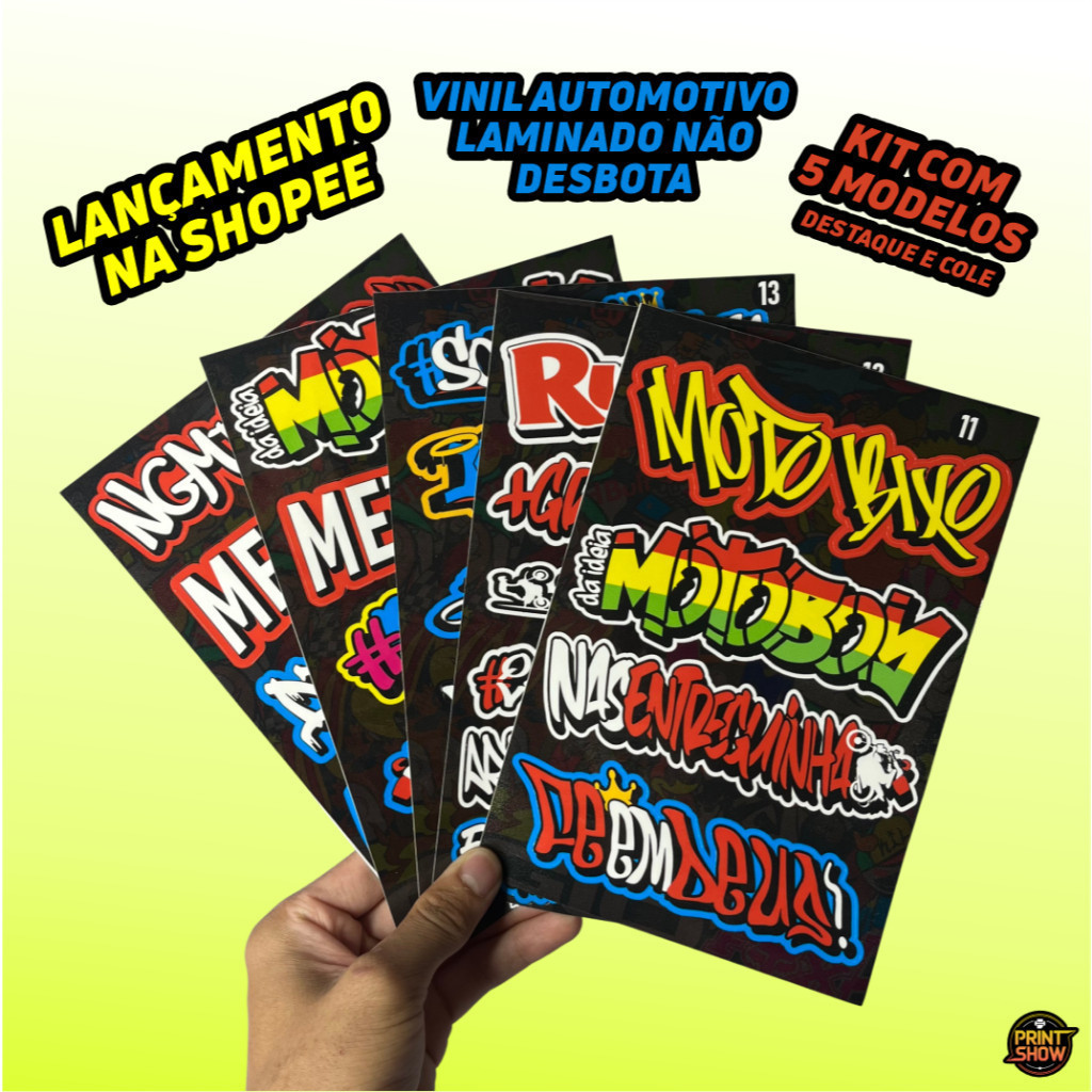 Kit 5 Cartelas Adesivos Vinil Laminado 22x15cm à Prova D’Água, Não Desbota e Alto Brilho Moto Carro Bike Capacete