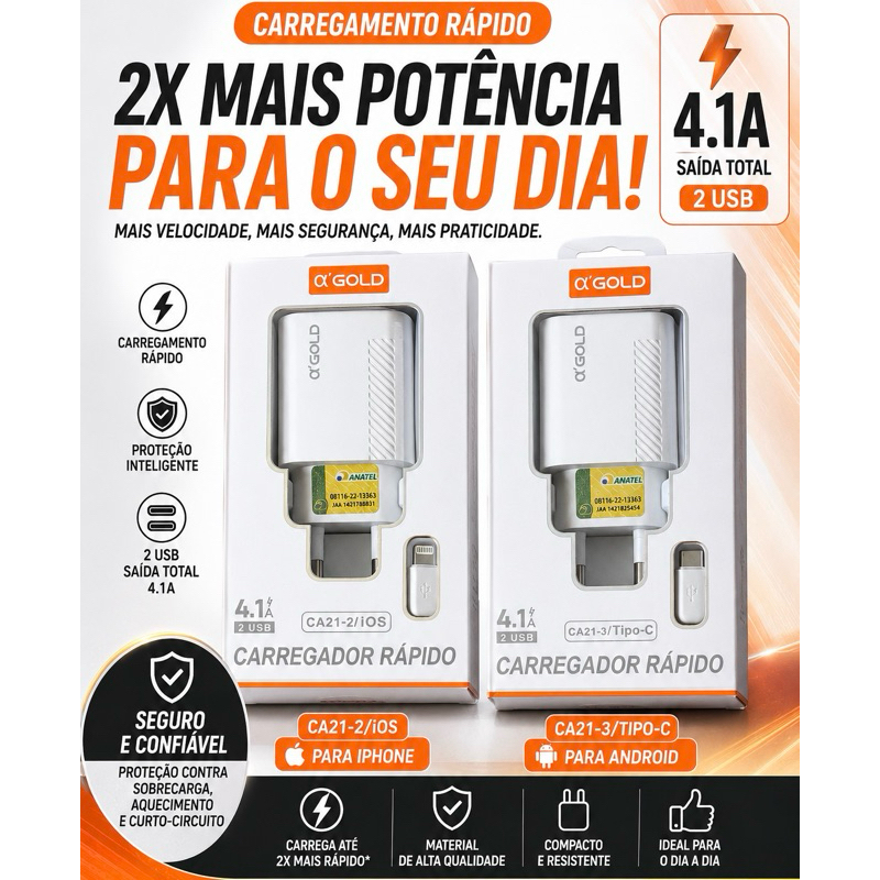 🔋 Carregador Rápido α’GOLD 4.1A 2 USB Original para iPhone (iOS) e Android Tipo-C