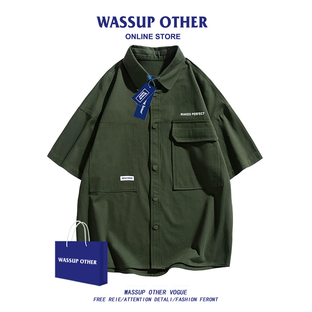 WASSUP OUTRO American Workwear Camisa de manga curta masculina verão Casual solto casal jaqueta superior masculina