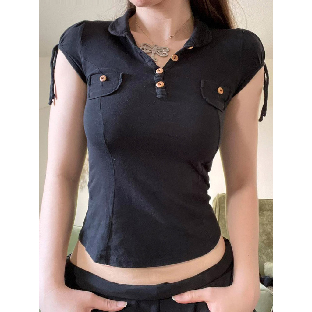 FabGirls Retro Tooling Style Botão Costura Contraste Cor Camiseta de manga curta Nicho All-Match Slimmer Look Knit Top