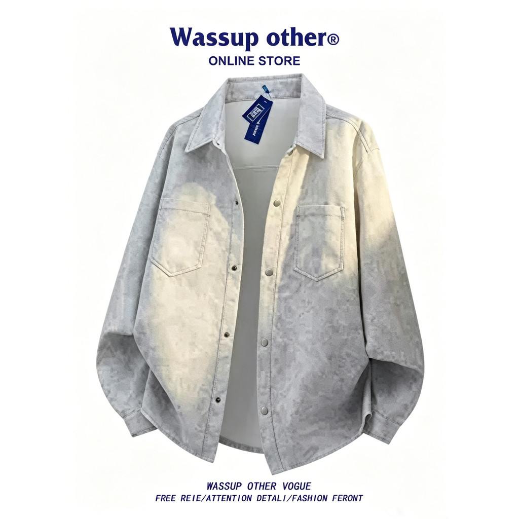 WASSUP OUTRO Americano Retro Tie-Dye Workwear Camisa Masculina Primavera Outono Solto Casal Plus Size Camisa Jaqueta Mas