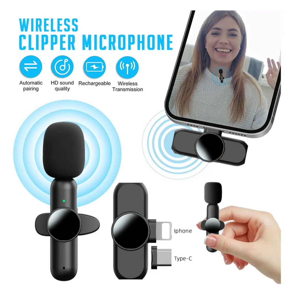 Microfone Sem Fio 2 Unidades Mini Lapela Com Receptor USB-C E Lightning