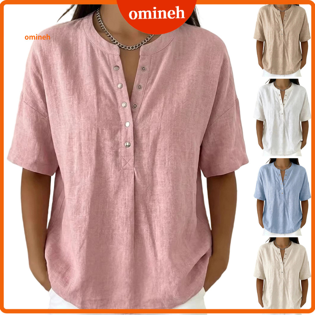 Button Closure Tops Solid Color V-neck Shirt Women’s V Neck Short Sleeve Pullover Top – Loose Fit Blouse Versatile C