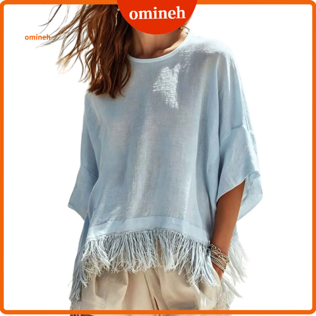 Fringe Blouses Everyday Wear Tees Women’s Solid Color Tassel Shirt O-neck Half Sleeve Blouse Loose Fit Autumn T-shirt