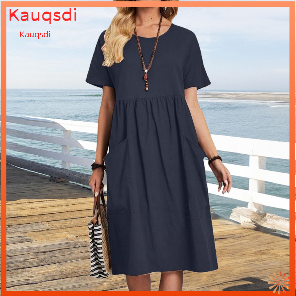 Women Cotton Linen Dress Loose Cut Women’s Summer with Pockets – Fit Midi Round Neck Short Sleeve Perfect for Beach