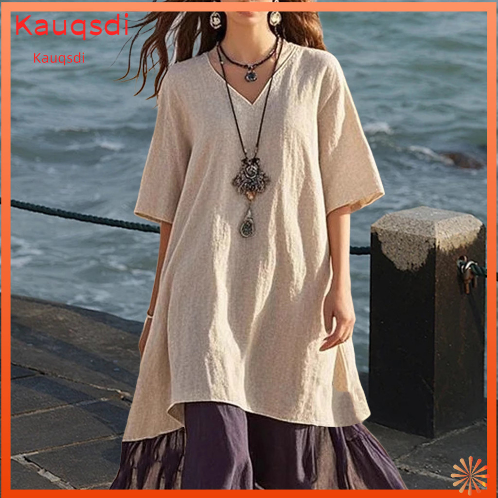 Comfortable Loose Fit Attire Women Color Block Dress Women’s Boho Patchwork V-neck Swing Short Sleeve Summer Sundress