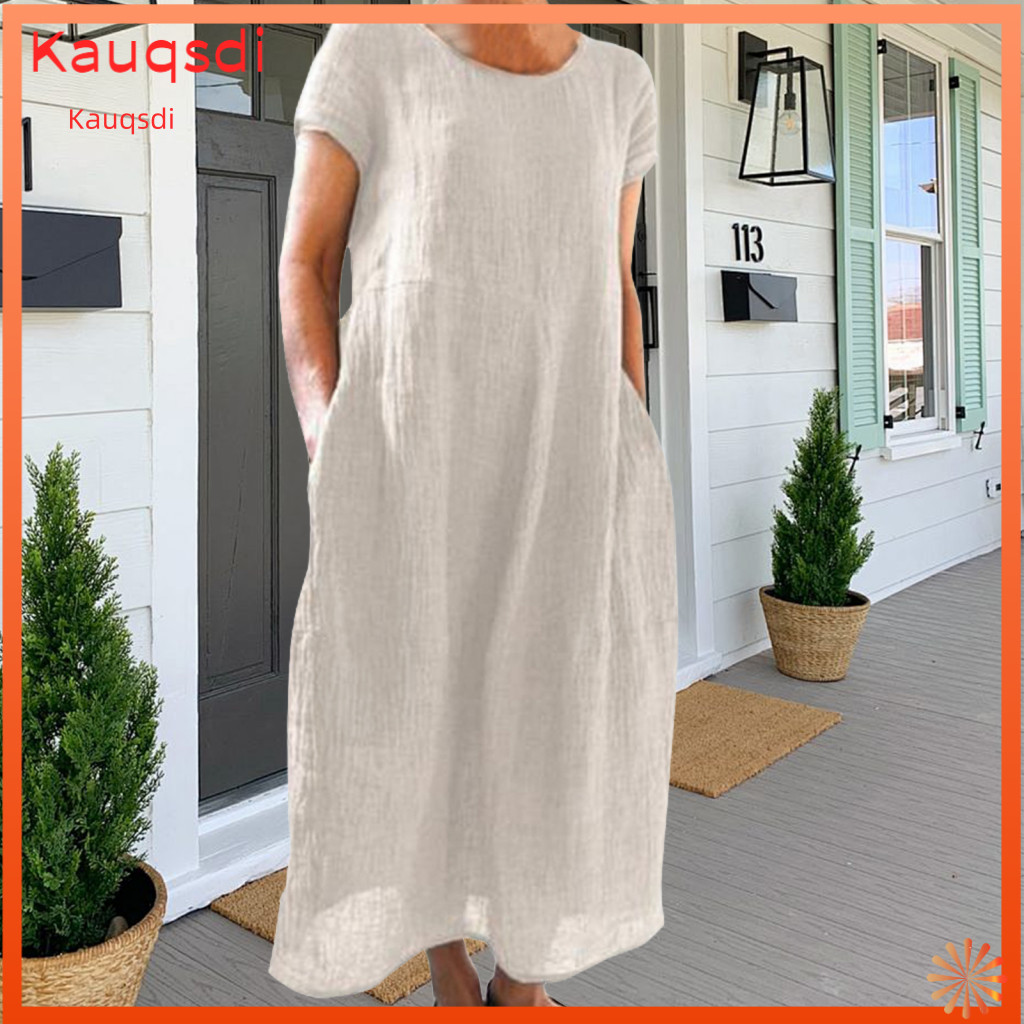 Cotton Blend Dress O Neck Women’s Summer Maxi with Side Pockets Round Short Sleeves Loose Fit Solid Color Ankle-length