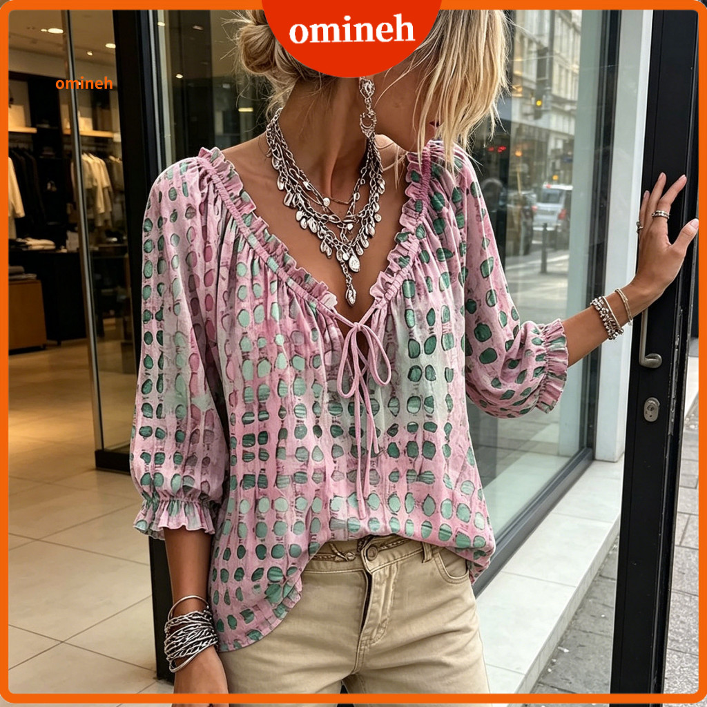 Lace Trim Blouse Loose Fit Tunic Tops Women’s Summer V Neck Lace-up 3/4 Sleeve Lightweight Breathable Plaid Chiffon To