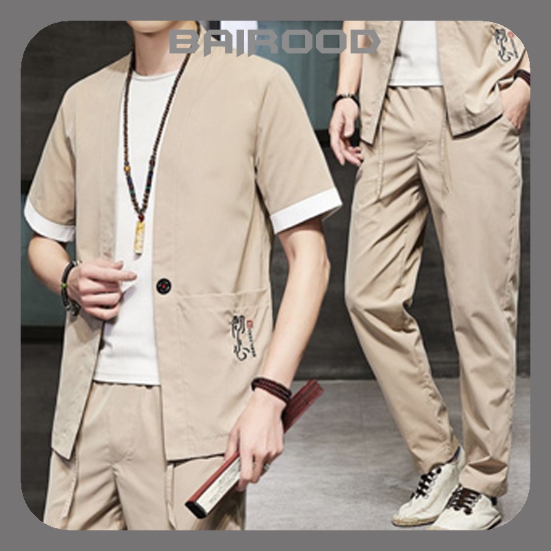 Terno Tang Masculino Estilo Chinês Tradicional Plus Size , Roupa Bordada Hanfu , Cardigã De Manga Curta + Camiseta + Cal