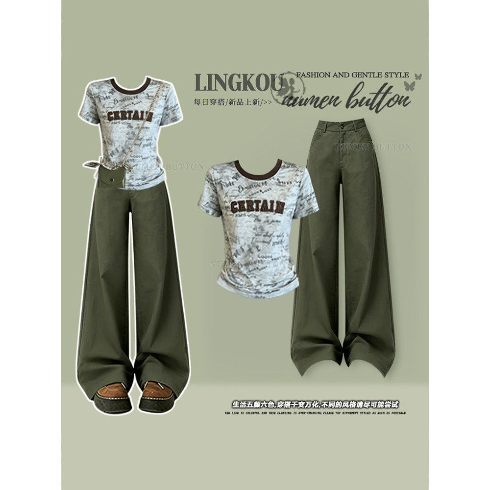 Verão nova moda terno feminino estilo Hong Kong carta de manga curta camiseta topo combinando Retro mais magro olhar cal