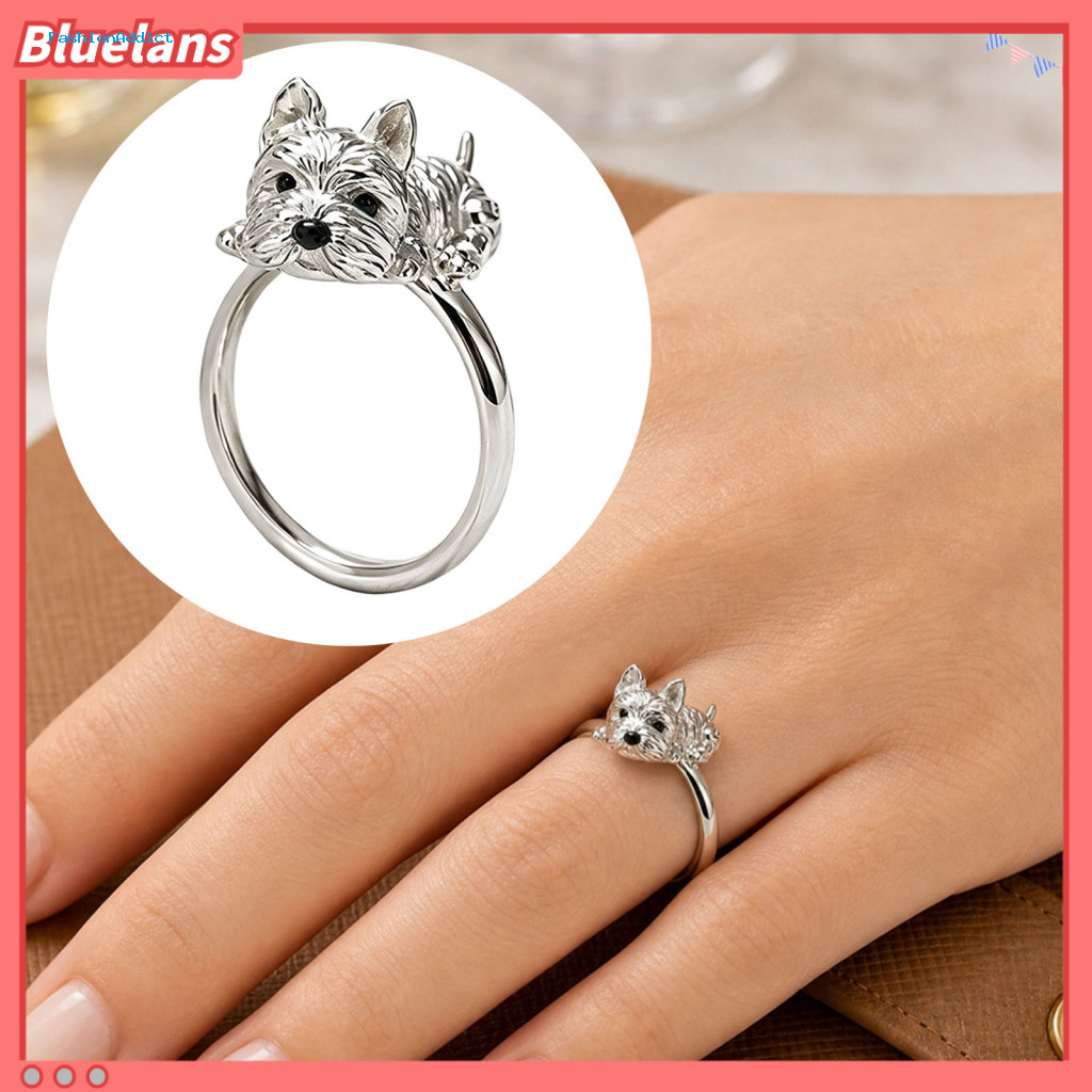 Polished Alloy Ring Puppy Silhouette Hand-engraved with Rhinestone Inlay Finish Cute Dog Lover Jewelry Gift Adjustable F
