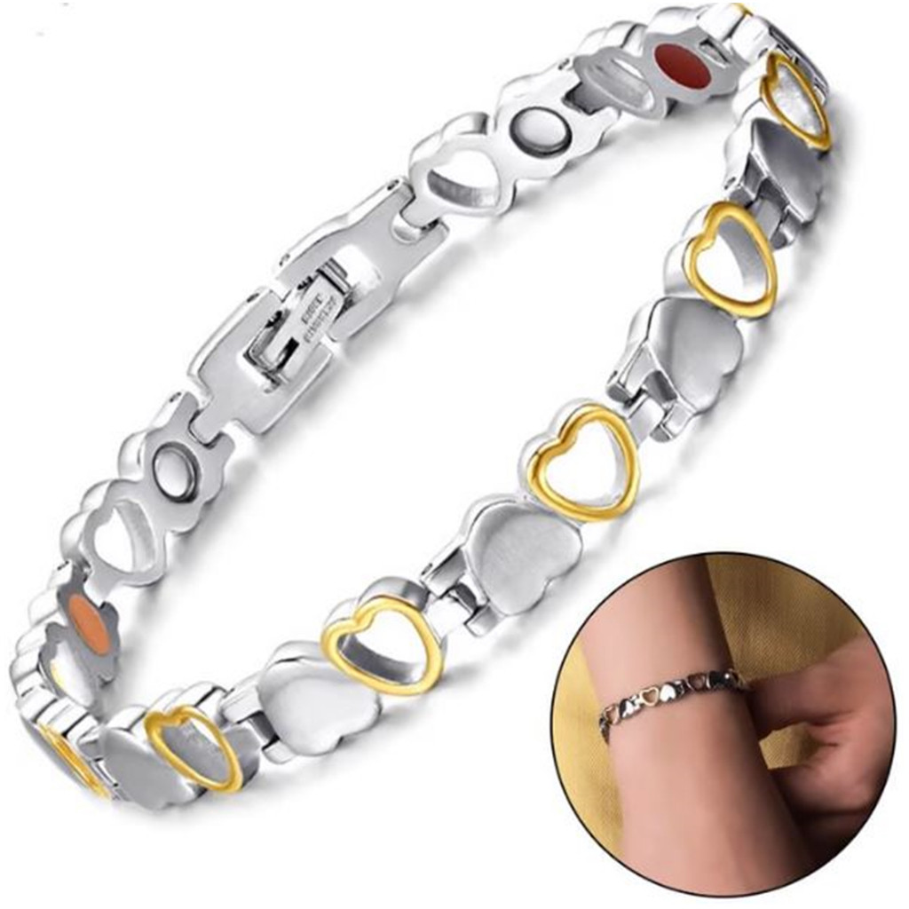Pulseira Feminina Bracelete Prata Com Dourado Imantada Coração Magnética