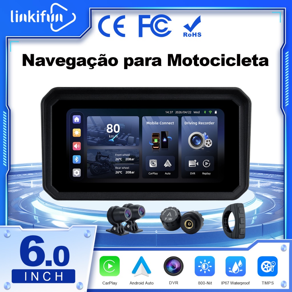 Linkifun MT9C-DVR Tela Moto 6'', CarPlay/Android Auto sem fio, DVR Duplo 1080P, TPMS, IP67, Suporte Magnético/Fixo