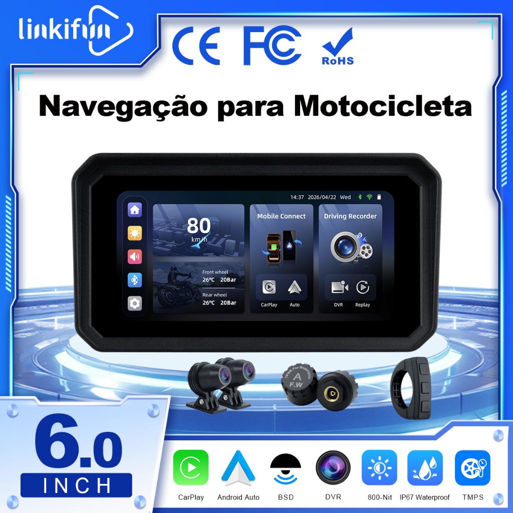 Linkifun MT9B-DVR Tela De Câmera Para Motocicleta De 6.25 Polegadas , Apple CarPlay Sem Fio E Android Auto , Duplo 1080P