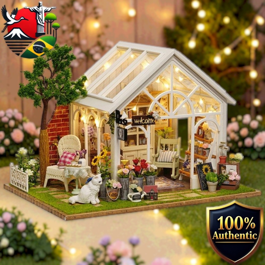 [Moin Moin] DIY Dollhouse Miniature Kit Set - Skylight Flower Shop with Blue-Ribbon Cat, LED Light
