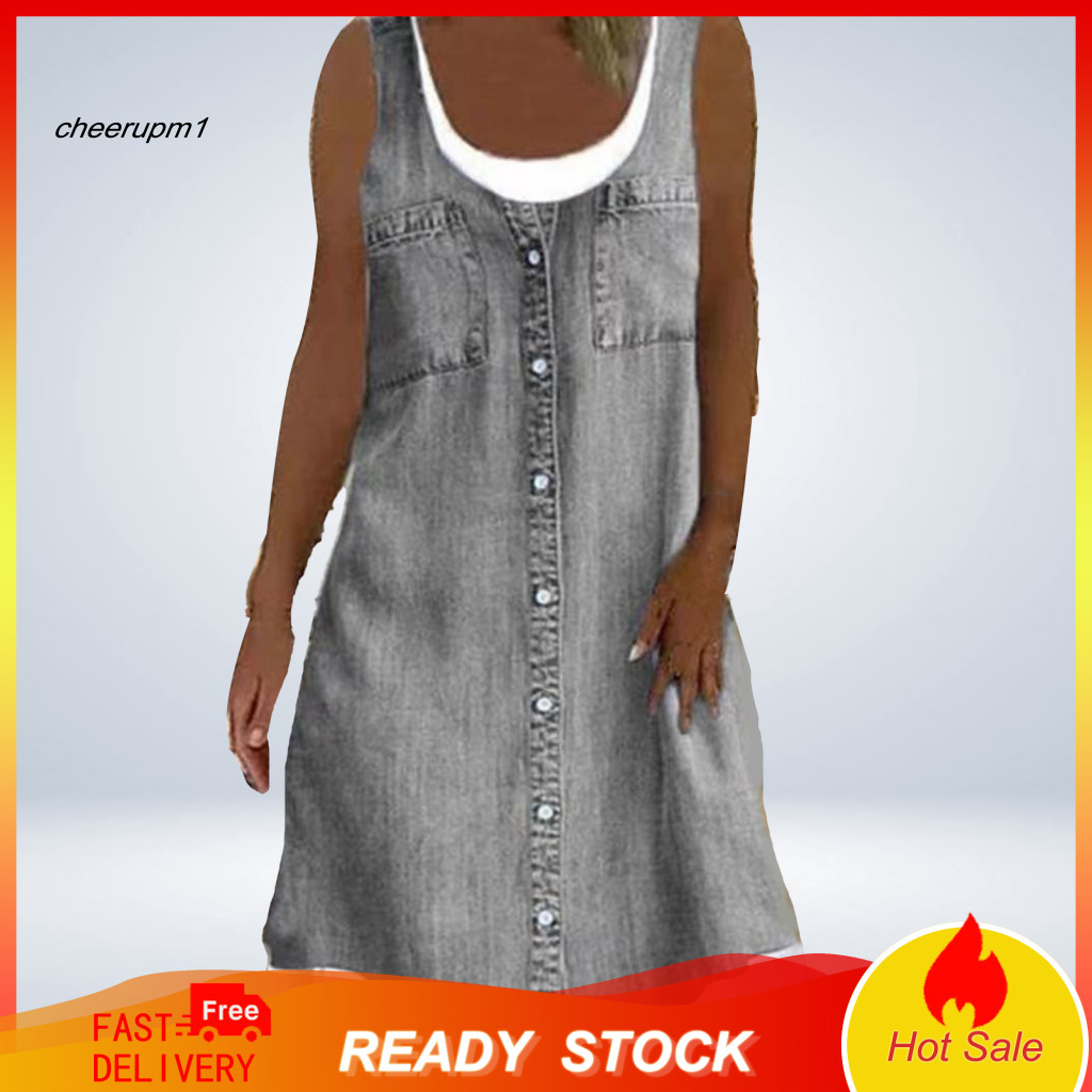 Soft and Comfortable Dress Women Polyester Women’s Summer Loose Fit A-line Mini Denim Print Tank Top Fake Two Piece Cr