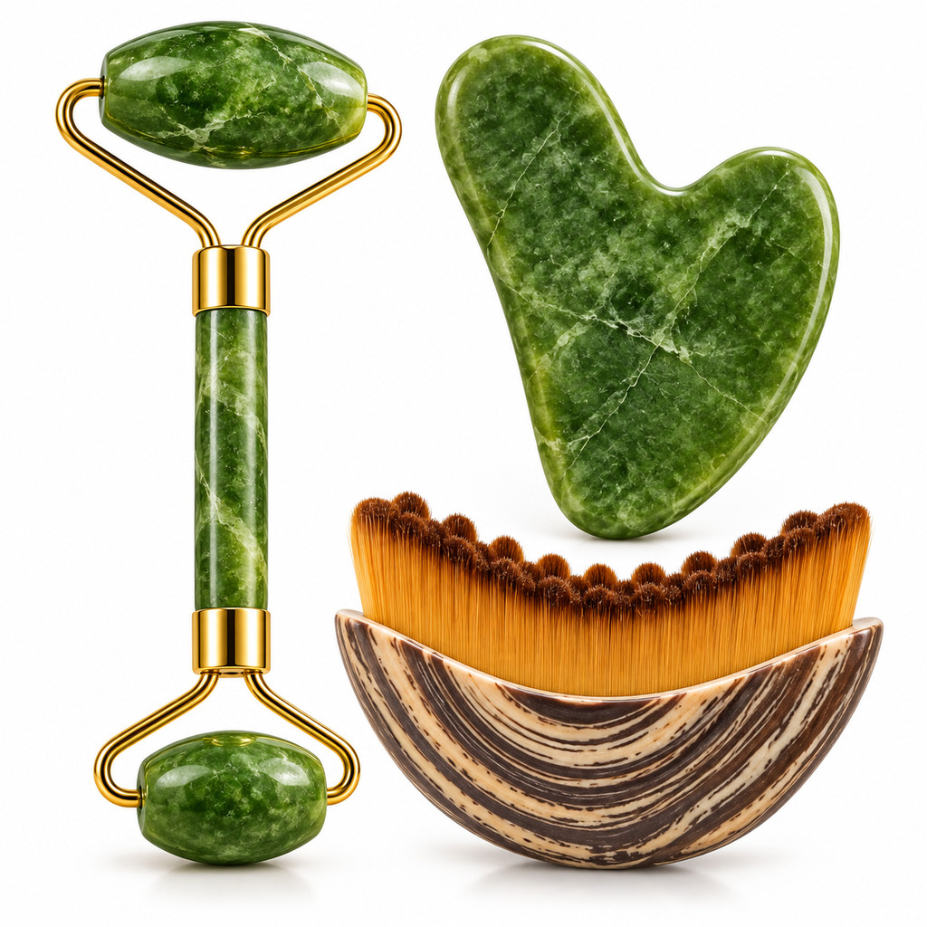 Kit Jade Roller + Gua Sha + Escova Drenagem Facial Verde Skincare