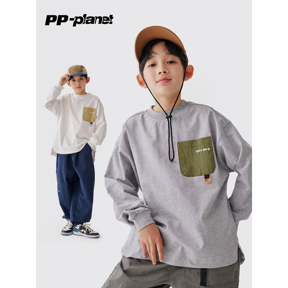 PP Planet Boys Tooling Style Solto All-Match Camiseta Primavera Novo Estilo Crianças Médio Grande Crianças Bolso Design