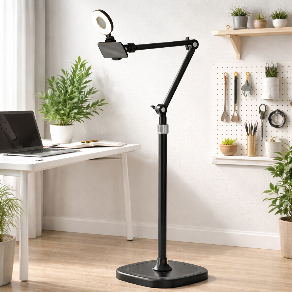Suporte Celular com Ring Light Altura Regulável Base Antiderrapante Clip Extensível Estável