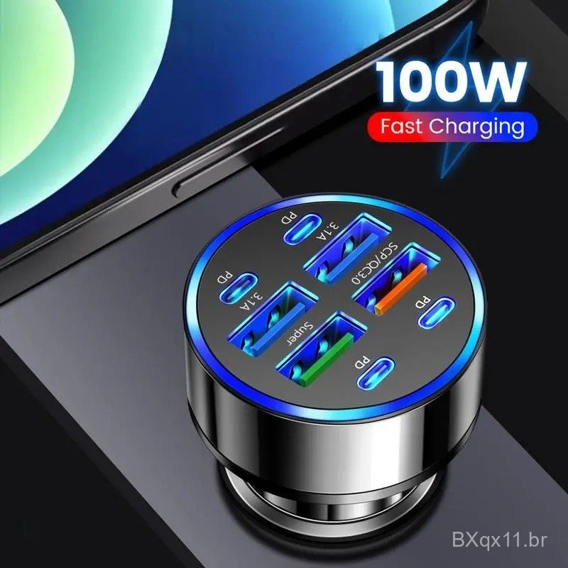 8 Port Car Charger 66w 4USB A+4Type C Fast Charging Car Mobile Phone Adapter For Xiaomi iPhone Huawei Samsung Oneplus Ce