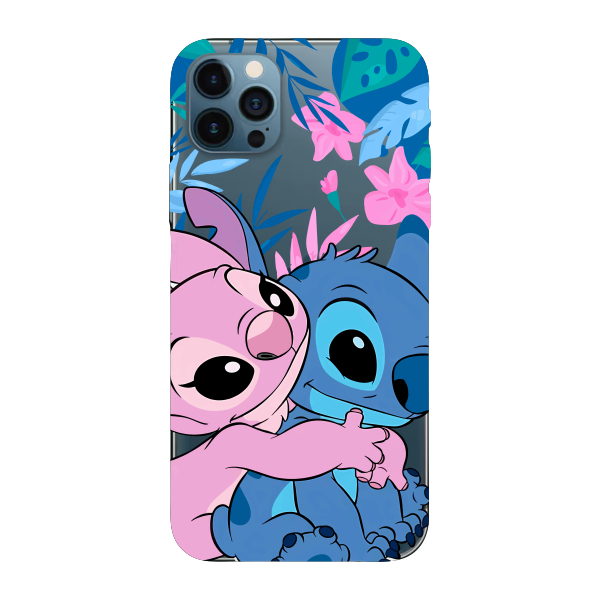 Capinha para iPhone 12 Pro Max Anti Impacto Personalizada - Stiti Stich e Angel Abraço com fundo transparente