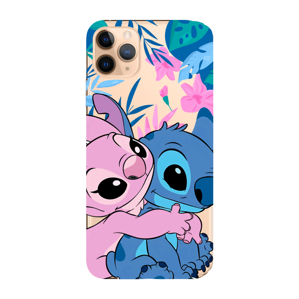 Capinha para iPhone 11 Pro Max Anti Impacto Personalizada - Stiti Stich e Angel Abraço com fundo transparente