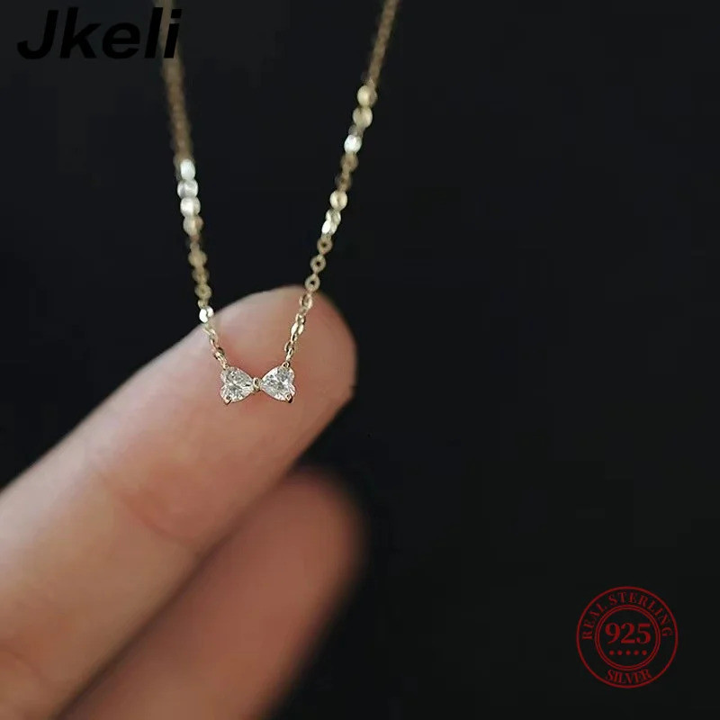 Jkeli Colar Feminino Prata 925 Dourado Pingente Laço com Zirconia Delicado Doce Elegante Romântico Luxo Minimalista