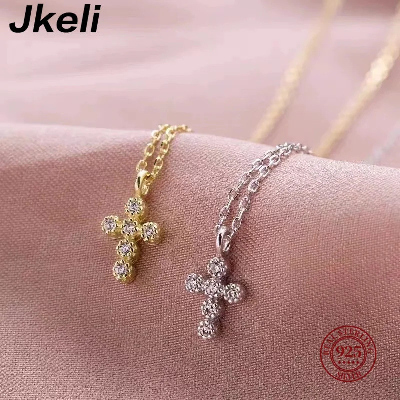 Jkeli Colar Feminino Prata 925 Dourado Pingente Cruz com Zirconia Delicado Religioso Fé Minimalista Luxo Elegante