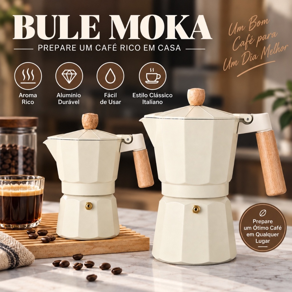 Cafeteira italiana estilo moka com cabo de madeira premium (150ml - 300ml)