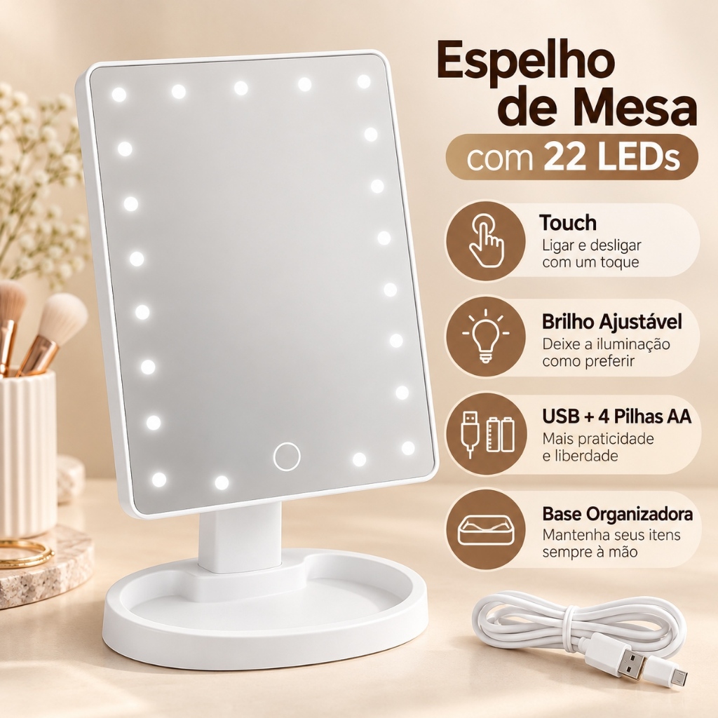 Espelho De Mesa Maquiagem Com 22 LEDs Rotação Ajustável Quadrado Touch Screen USB e Pilha