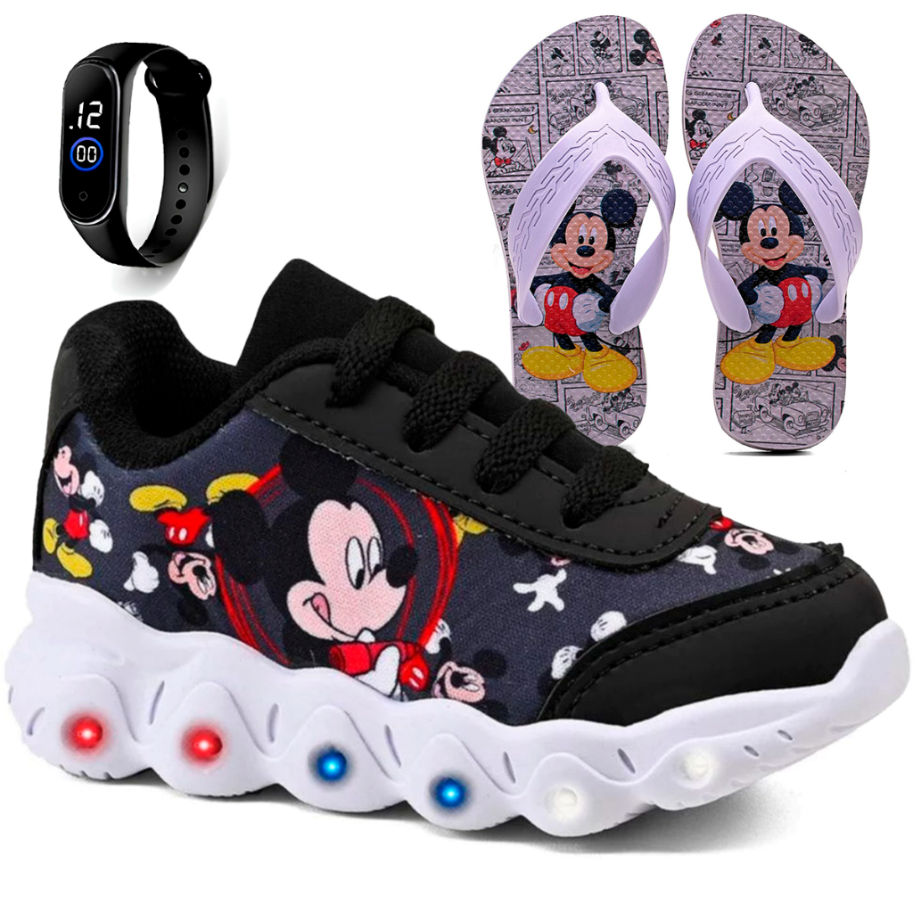 Kit Tênis Infantil Mickey Menino Com Led + Chinelo + Relógio Digital