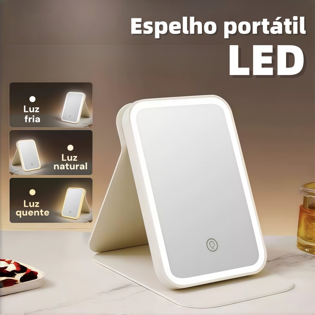 Espelho com Led para Maquiagem Capa de Couro Smart Mesa Dobrável Portátil Luz Ajustável Recarregável