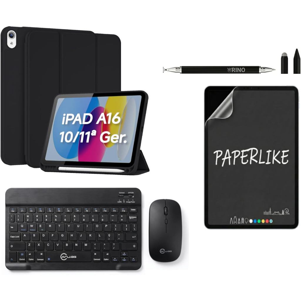 Combo Premium Capa Teclado Compatível com iPad 10 Ger 10.9 e 11 Ger 11 Pol Teclado Slim Sem Fio e Mouse Wireless Películ