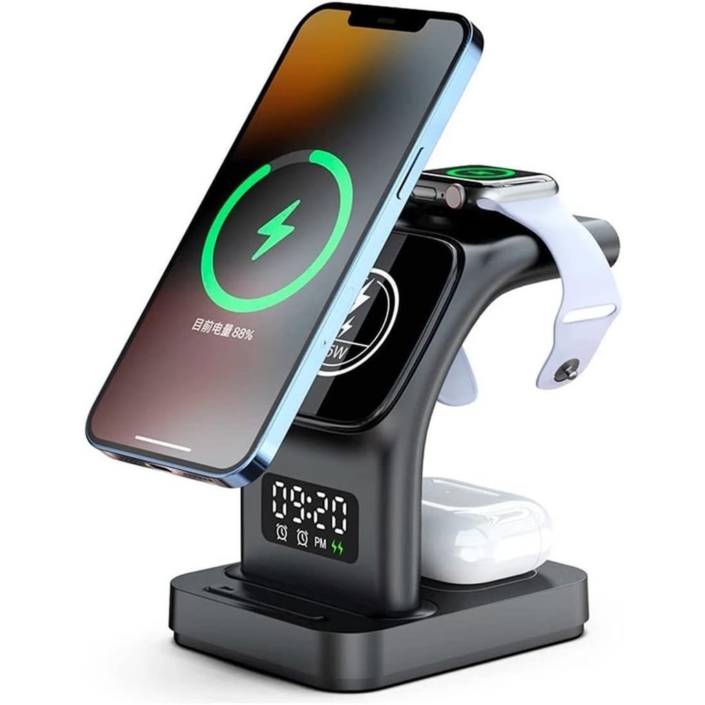 Carregador Wireless 3 em 1 Indução compatível com Apple iPhone 15 14 13 12 Apple Watch e AirPods Preto