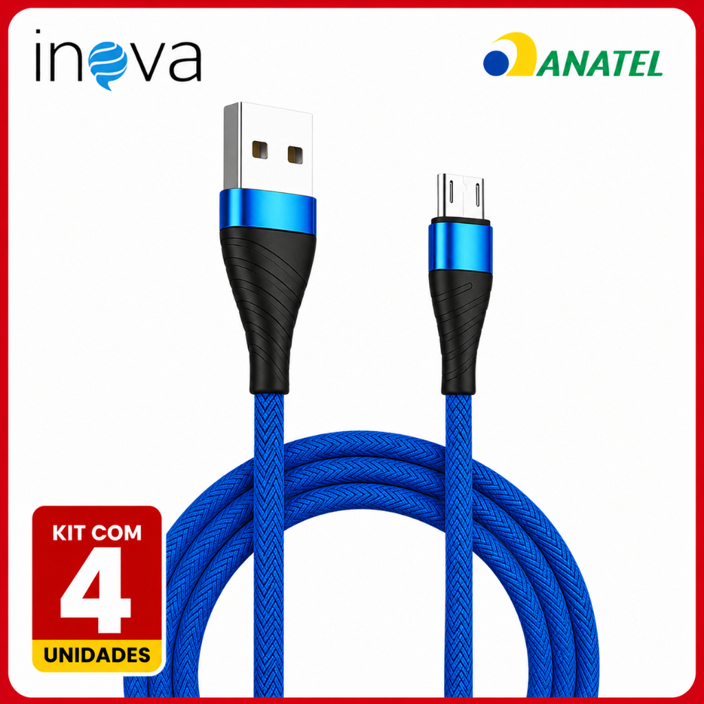 Kit 4 Unidades Cabos Carregador v8 Inova Android Micro Usb 2 Metros Cores Variadas Original