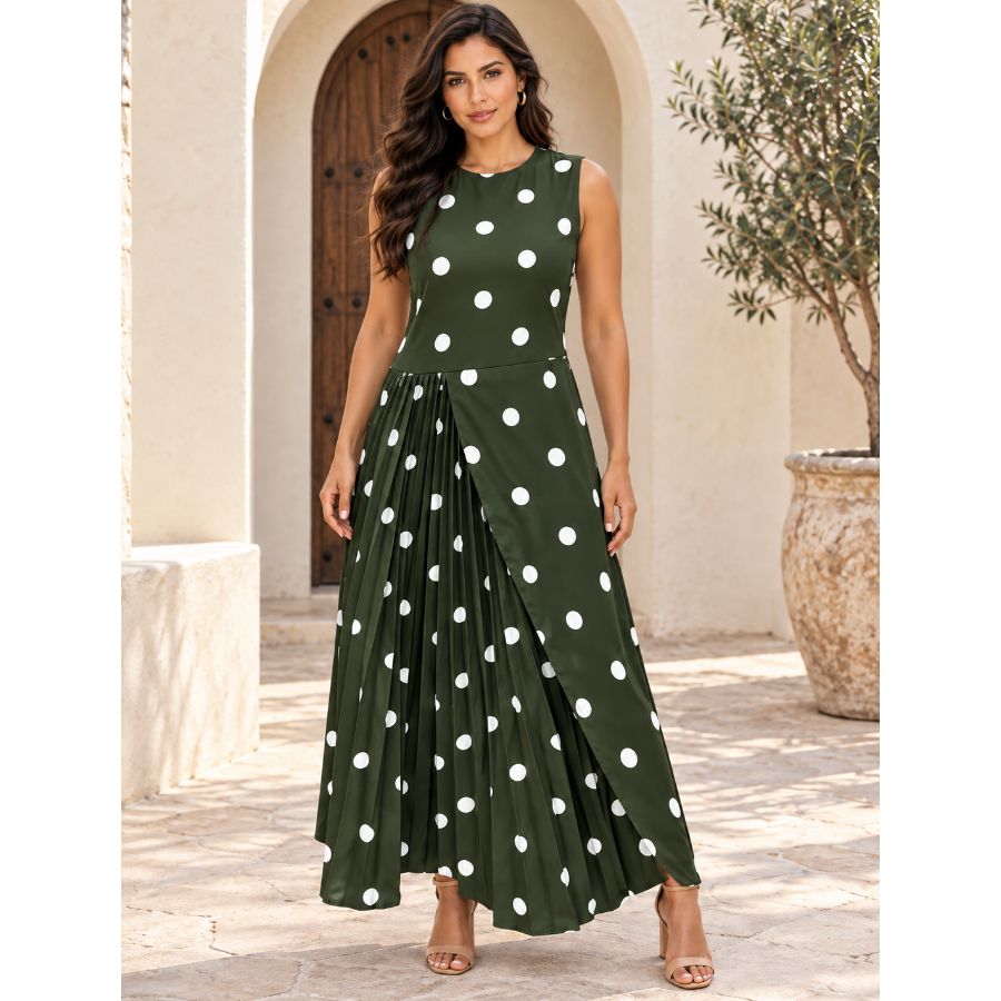Sleeveless Polka Dot Maxi Dress | Asymmetrical Pleated Skirt Elegant Long Dress Multi Colors Available