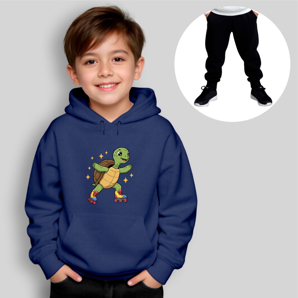 Conjunto Infantil De Moletom Blusa com Capuz e Bolso Calça Preta Estampa Divertida Tartaruga