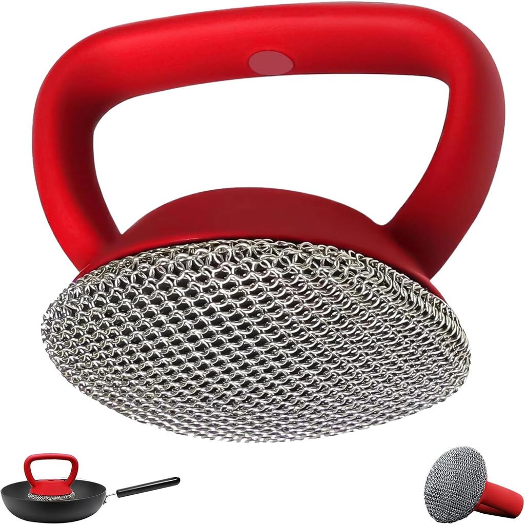 Cast Iron Scrubber with Handle 316L Stainless Steel Chainmail Scrubber for Cast Iron Pan Skillet Cleaner,Skillets and Gr