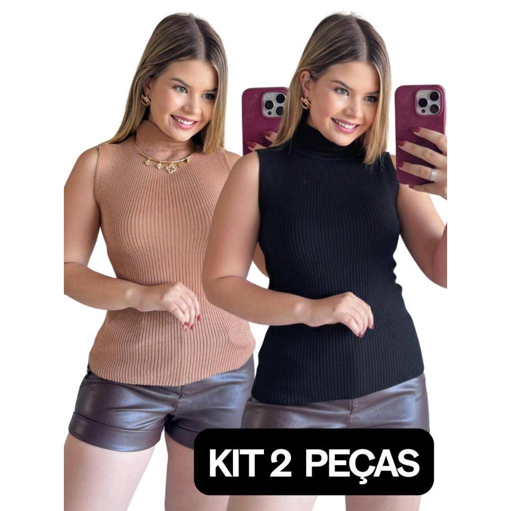 KIT 2 PEÇAS Garrafinha Blusa gola alta regata sem manga feminina tricot moda blogueira combo tricô