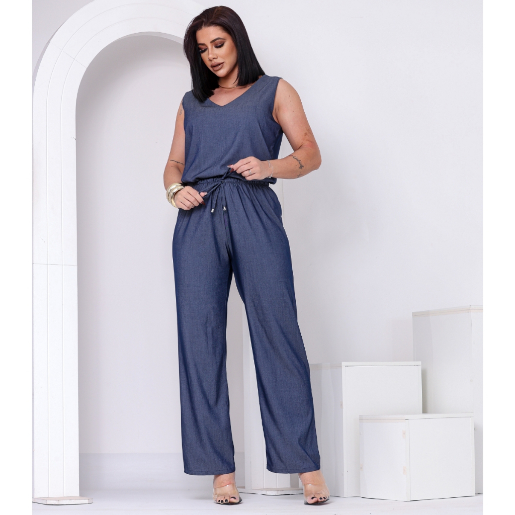 Conjunto Feminino Blusa Regata Decote em V e Calça Reta Wide Leg Cordão Ajustável Chambray