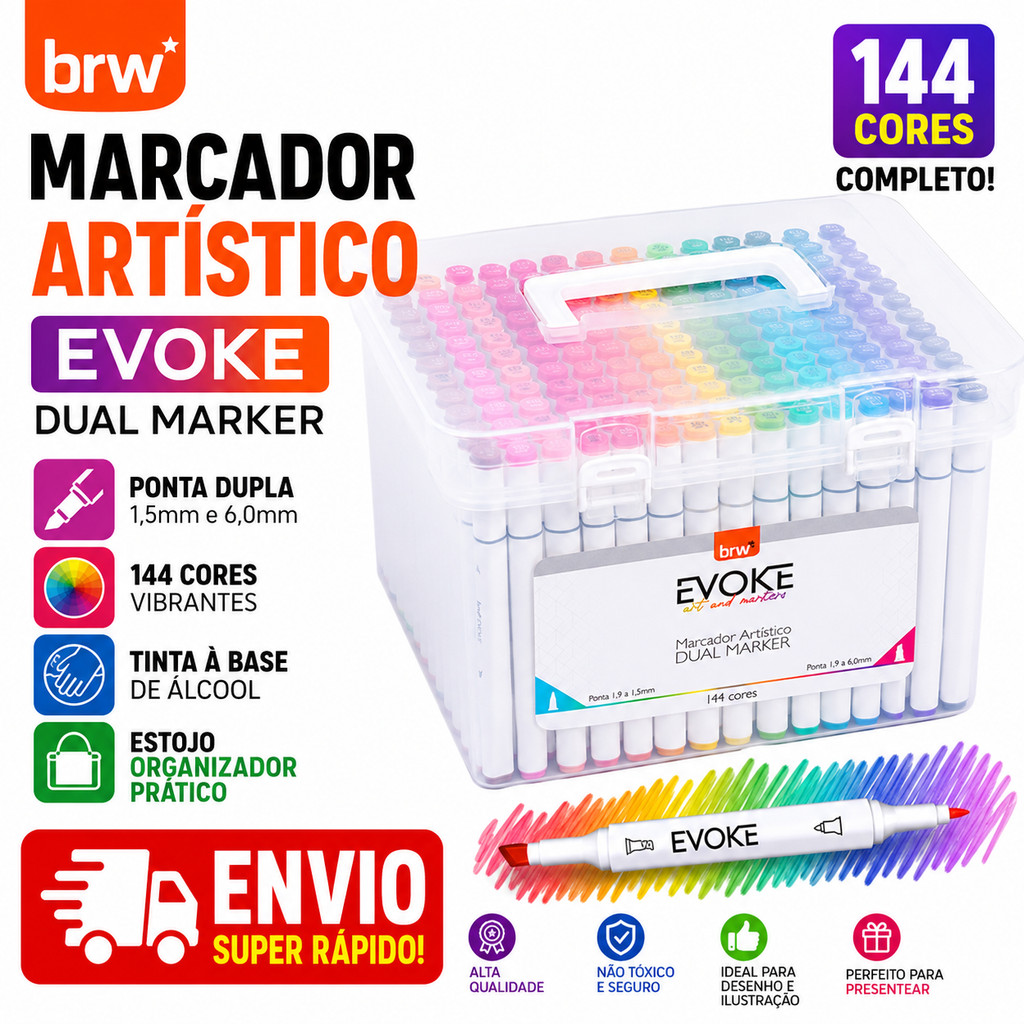 Caneta Marcador Artístico BRW Evoke Dual Marker Ponta Dupla Tinta Álcool Profissional Desenho Original