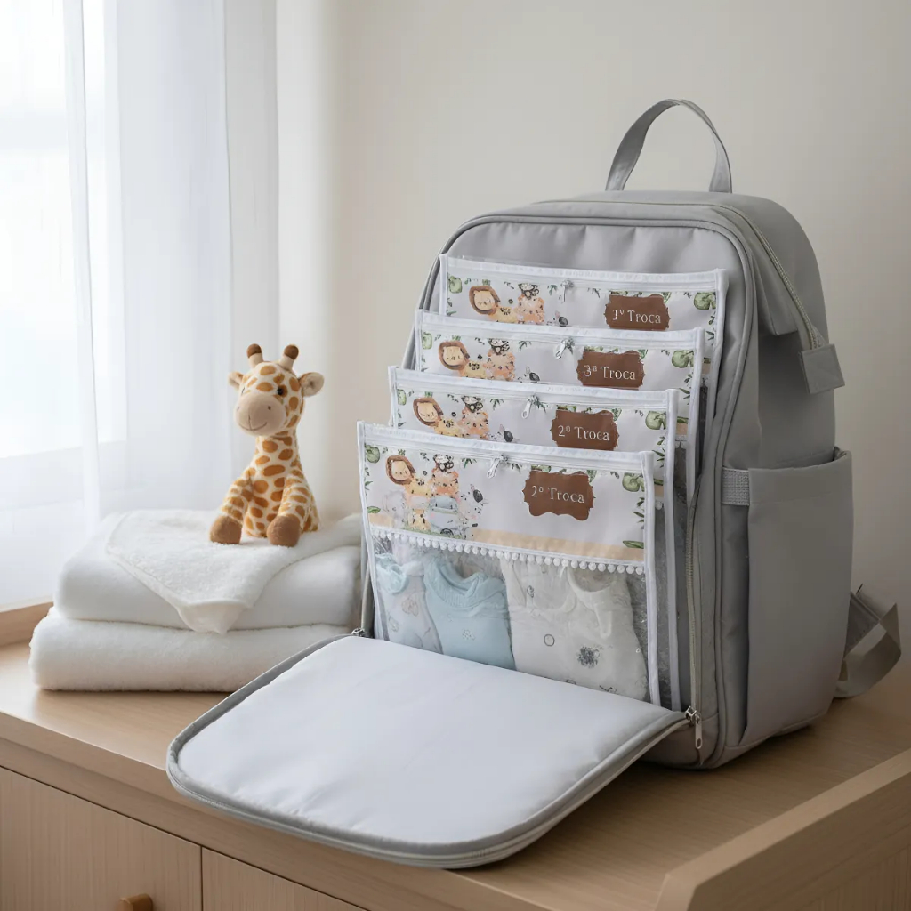 Kit Organizador Saquinho Maternidade com Zíper 05 Peças Safari Car Menino para Bebê