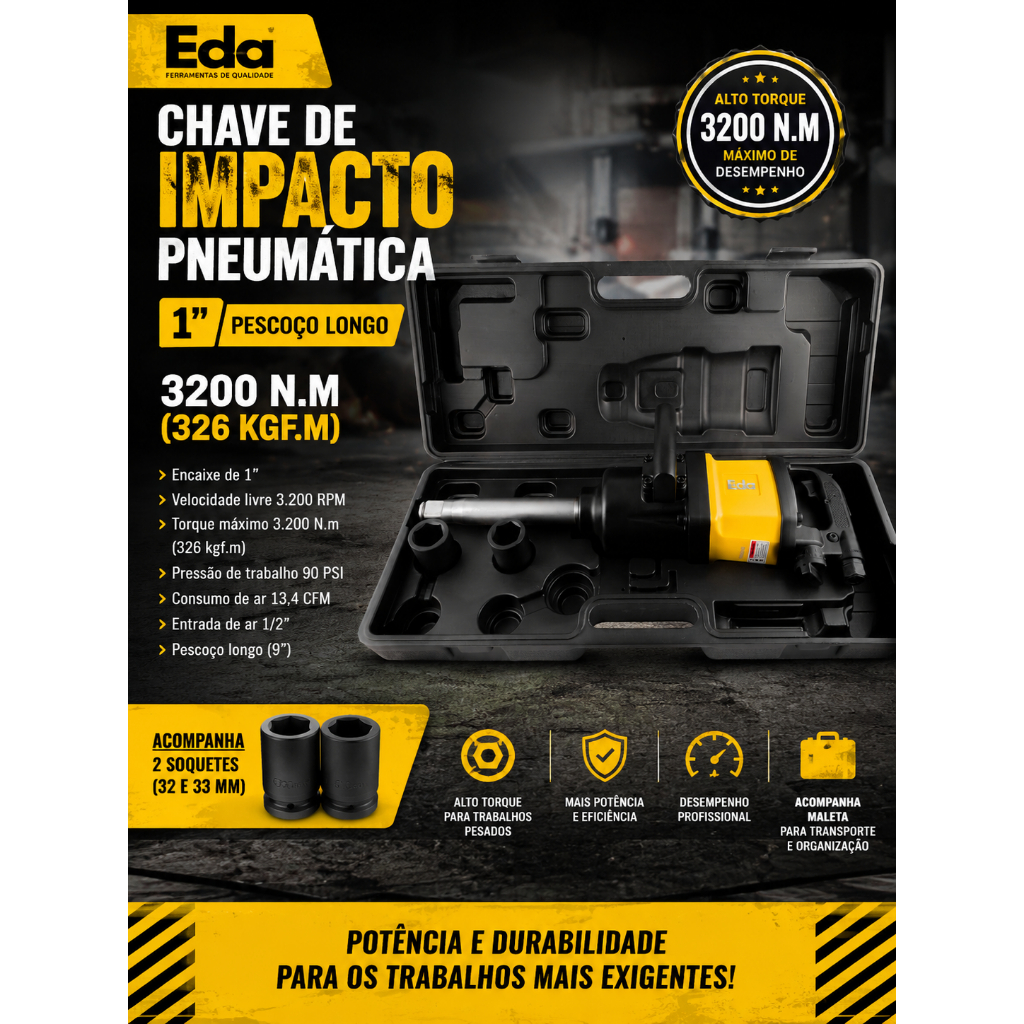 Chave Parafusadeira de Impacto Pneumática 1 Polegada Eixo Estendido Torque 2400 Nm 3900rpm - FortG
