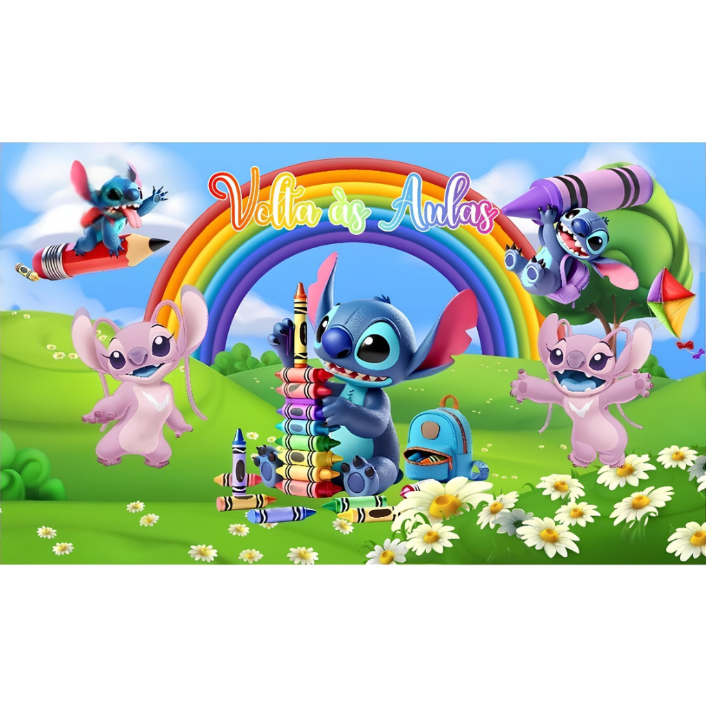 Painel Fundo Fotografico Medida 3,50x2,50 Volta as Aulas Com Lilo Stitch